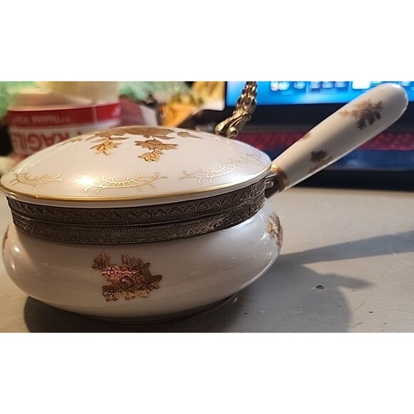 Vintage Porcelain Lidded Serving Pot Handle Gold Gilt Floral Brass Trim Elegant - Picture 5 of 15